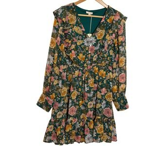 JODIFL Women Green Floral V-Neck Ruffle Tiered Dress NWT Long Sleeve Tie Waist M